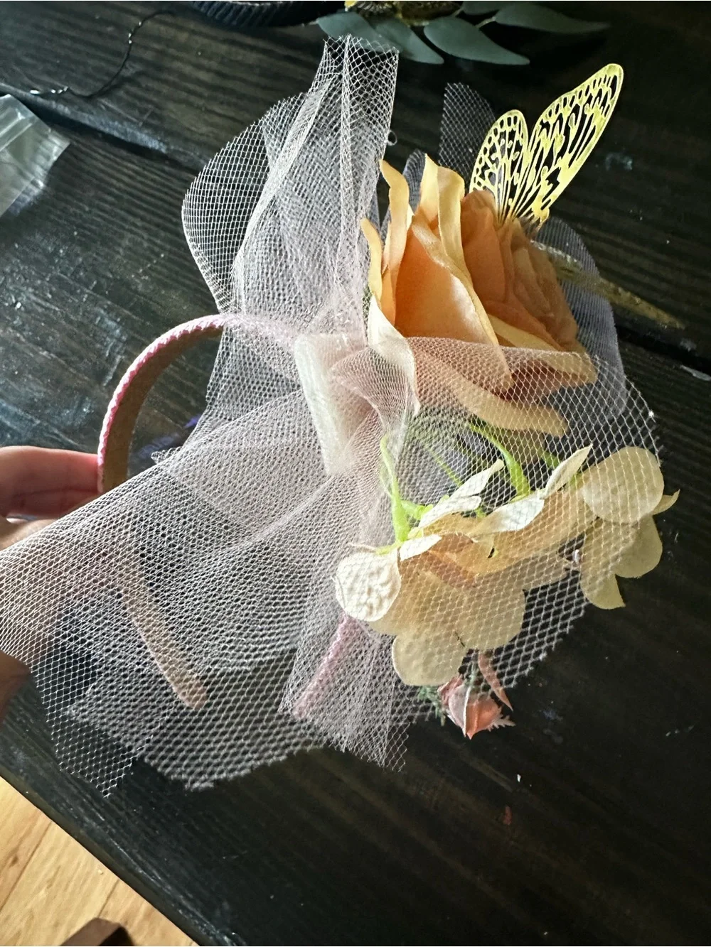 Pink Floral Tulle Headband with Decorative Blooms